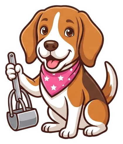 Scoopy, the Poopy Scoops beagle, holding a pooper scooper